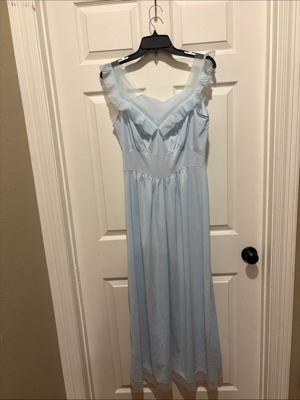 Vanity Fair Blue Long Skip/Gown with Pleated V-Neck Ruffle